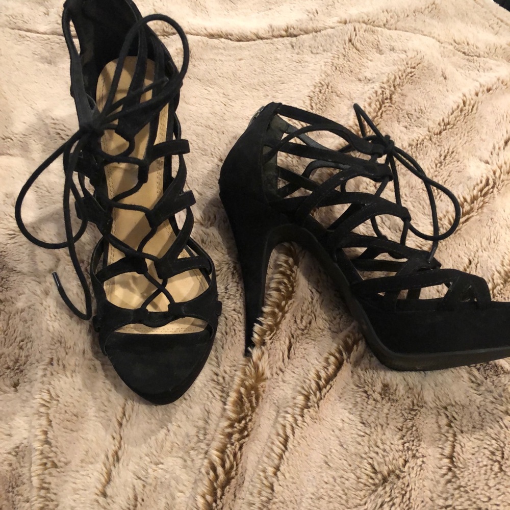 Strappy Lace Up Black Suede Sandals